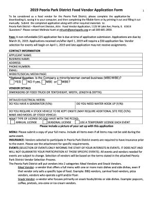 Fillable Online 2019 Peoria Park District Food Vendor Application Form