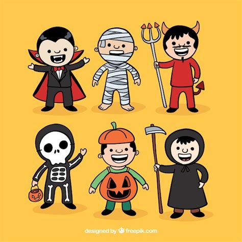 Colecci N De Ni Os Disfrazados Para Halloween Dibujados A Mano Vector