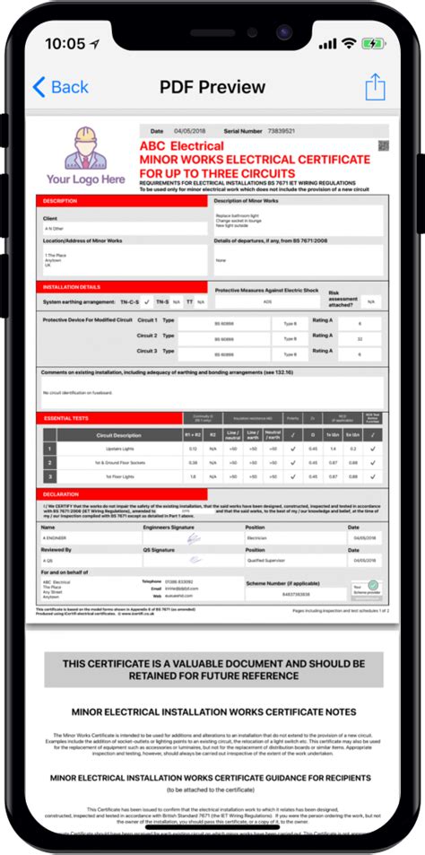 Minor Electrical Installation Works Certificate Template