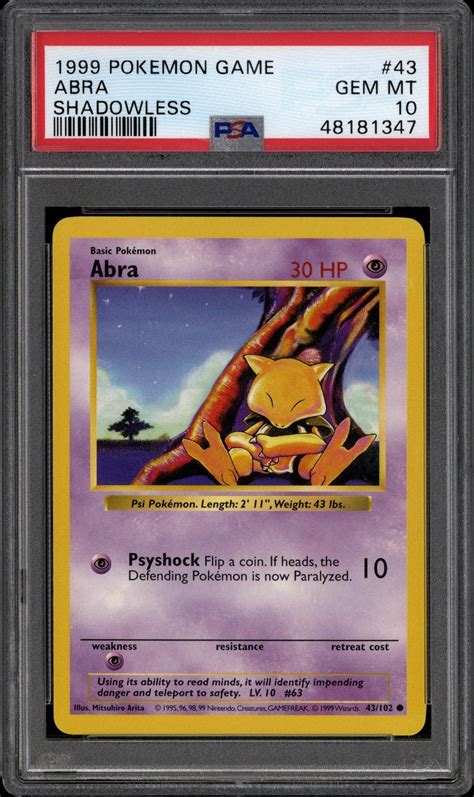 Pokemon Base Set Shadowless Abra Psa Gem Mint Da Card World