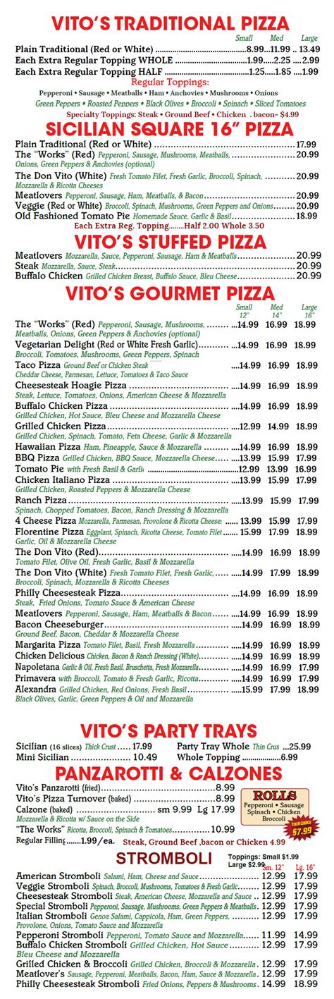 Vito's Pizza Vineland NJ · Pizza Menu