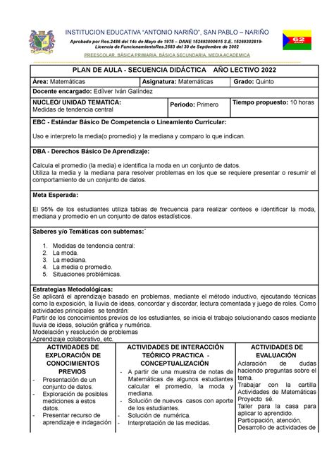 PLAN DE AULA No 11 Matemáticas Quinto Medidas DE Tendencia Central