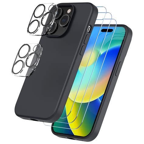 Trianium 6 In 1 Designed For Iphone 14 Pro Case Silicone Black With 3 Pack Screen Protector