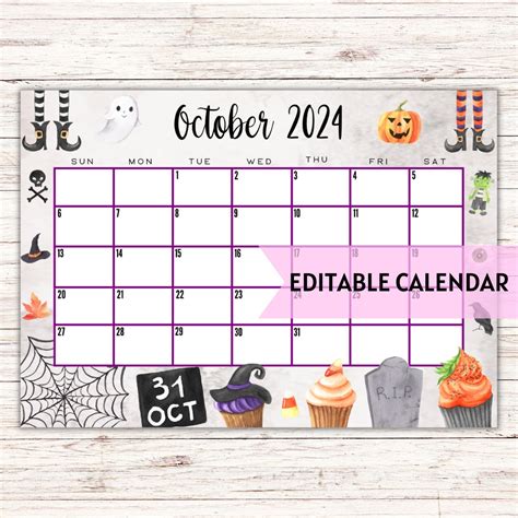 EDITABLE Printable October Calendar 2024 Cute Spooky Halloween