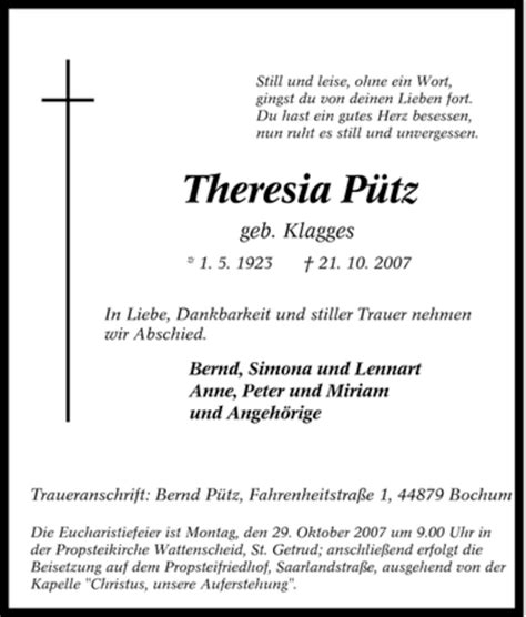 Traueranzeigen von Theresia Pütz Trauer in NRW de