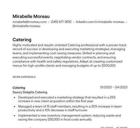 Catering Resume Example Resume Guide Examples Teal Resume