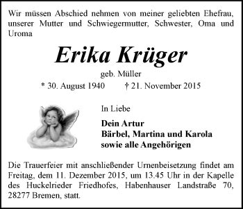 Traueranzeigen von Erika Krüger Trauer Gedenken