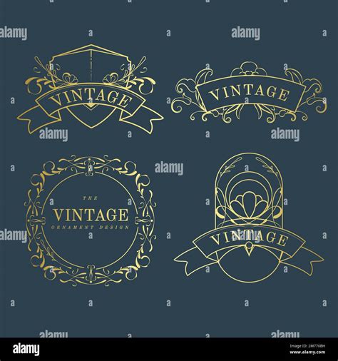 Set Of Vintage Golden Art Nouveau Badges On Blue Vector Stock Vector