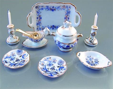 Reutter Porzellan Germany Miniature Dinner Set Blue And Gold