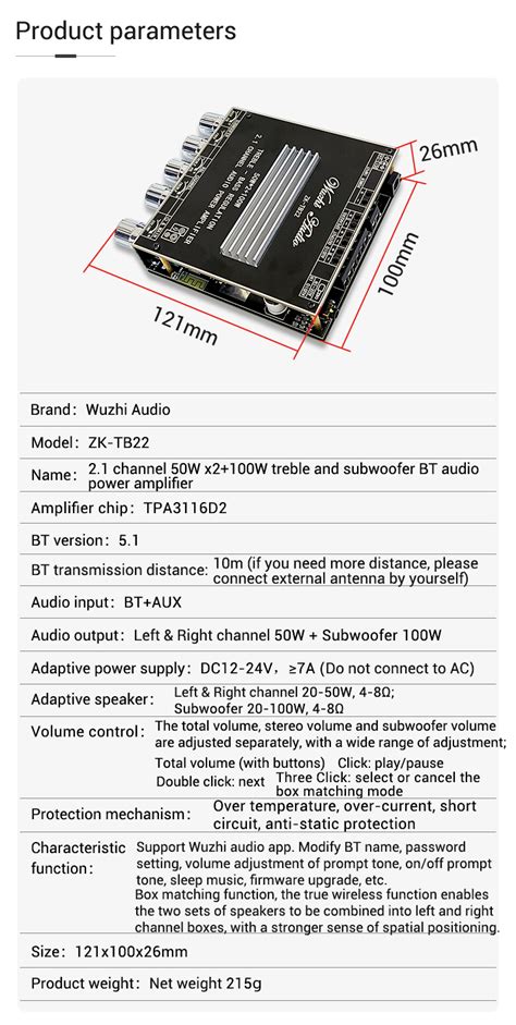 Wuzhi Audio ZK TB22 2 1 Channel Audio Power Amplifier Bluetooth Power