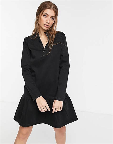 Pieces Half Zip Denim Dress With Pephem In Black Asos