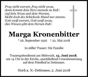 Traueranzeigen Von Margarethe Kronenbitter Schwarzw Lder Bote Trauer