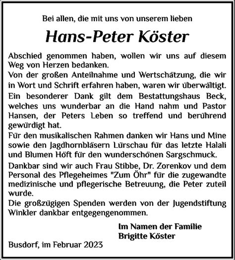 Hans Peter Köster Danksagung Schleswiger Nachrichten