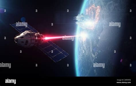 3D animation of satellite attacking Earth planet with laser weapon from ...