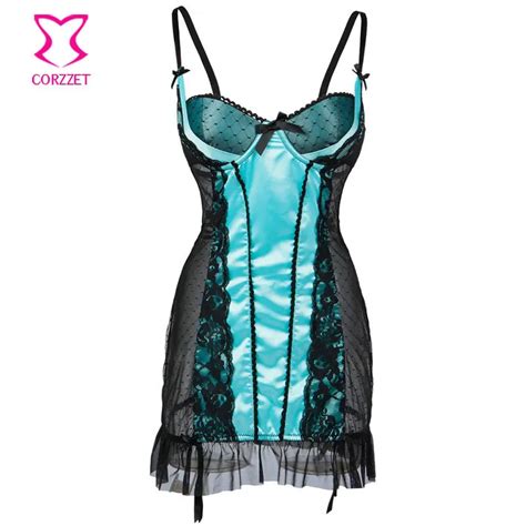 Plus Size Fancy Underwear Nightwear Sky Blue Satin Black Transparent Polka Dot Mesh Sex Baby