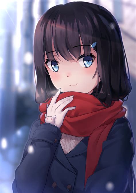 Safebooru 1girl Aran Sweater Black Hair Blue Eyes Blue Jacket Blurry