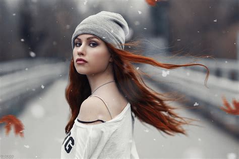 Women Redhead Portrait Snow Bare Shoulders Alessandro Di Cicco