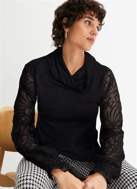 Blusa Preta em Malha de Viscose e Devorê bonprix