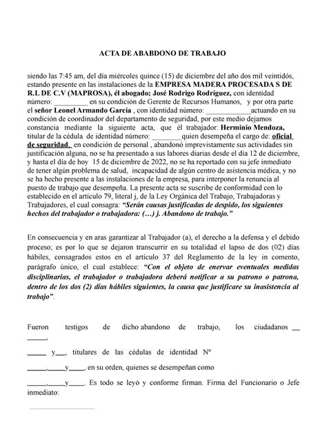 Acta De Abandono De Trabajo Acta De Ababdono De Trabajo Siendo Las