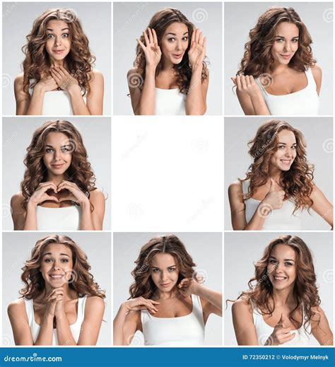 Set Of Young Woman S Portraits With Different Happy Emotions Stock