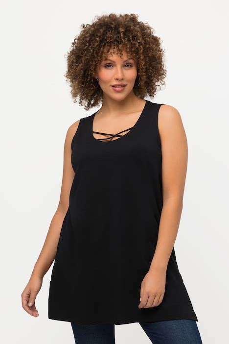 Strap Accent Scoop Neck Cotton Tank Knit Tunic Black Ulla Popken