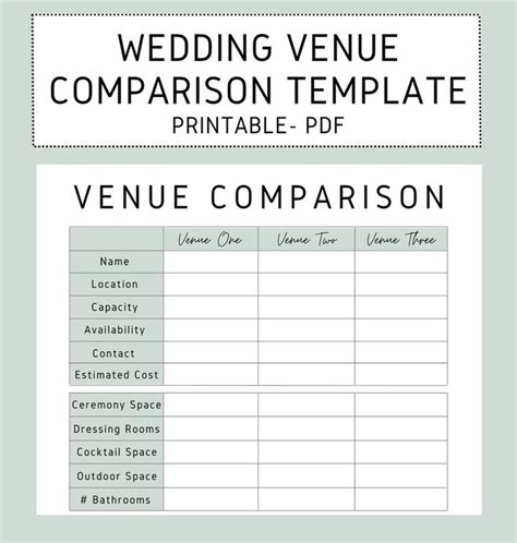 Venue Comparison Printable Wedding Planning Event Planning Venue