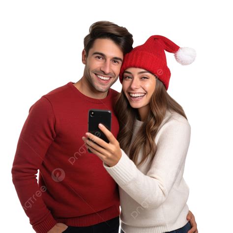 Lovely Couple Taking Selfie Using Smartphone In Christmas Day Romance Romantic Love Couple