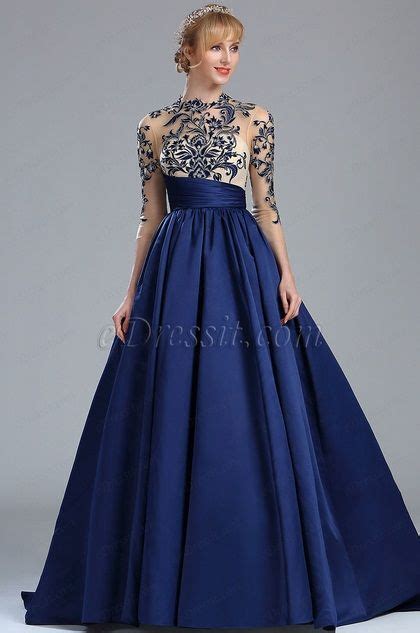 Blue Long Sleeves Embroidery Beaded Evening Gown Edressit