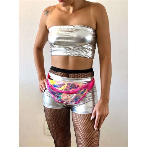 Conjunto De HOT PANTS Faixa Tomara Que Caia Metalizado Look Fantasia Para Carnaval