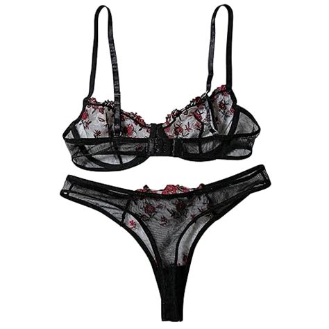 Snapklik Women Sexy Floral Embroidered Mesh Sheer Underwire Push Up Lingerie Set See