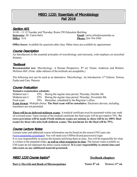 Mbio Outline W Mbio Essentials Of Microbiology Fall