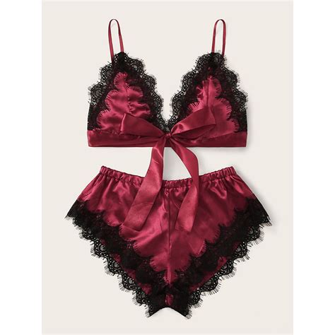 Sexy Smooth Satin Spaghetti Straps Bralette And Panties Lace Trim Sleepwear Lingerie N