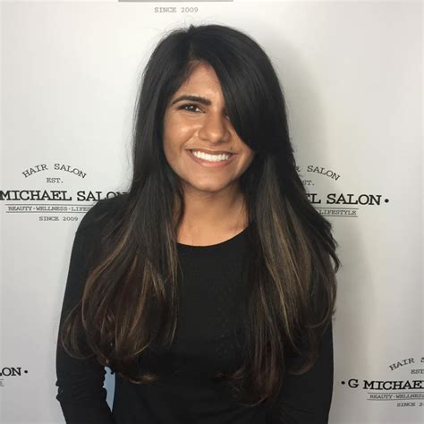 Long Dark Layered Cut with Side Swept Bangs and Balayage Coloring - The ...