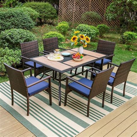 PHI VILLA 7 Piece Metal Patio Outdoor Dining Set With Rectangle Wood