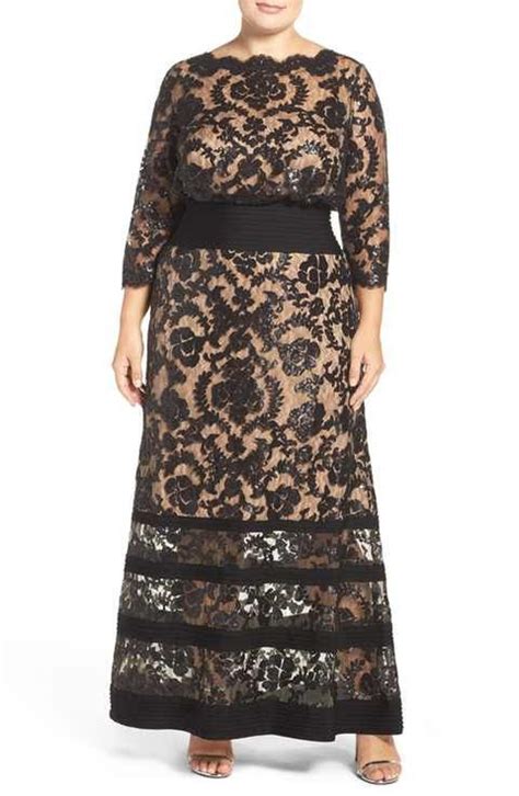 Tadashi Shoji Banded Jersey Sequin Embroidered Lace Blouson Gown Plus