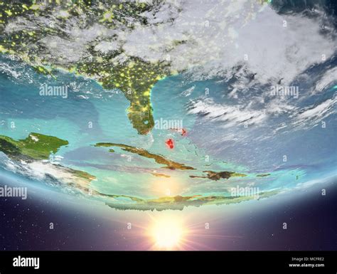 Bahamas During Sunrise Highlighted In Red On Planet Earth With Clouds