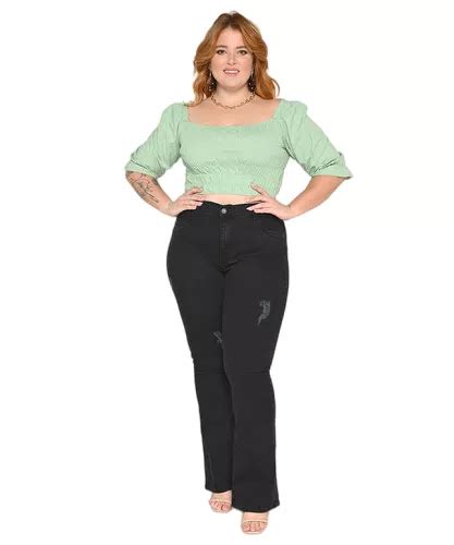 Cal A Feminina Jeans Flare Plus Size Pu Dos Cintura Alta