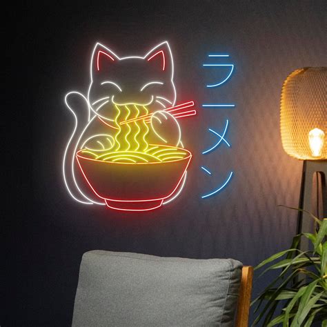 Handmadetneonsign Cat Eats Ramen Neon Sign Eating Cat Ramen Noodle Led