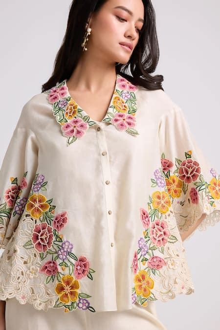 Buy Ivory Chanderi Embroidery Floral Collared Neck Shirt For Women By