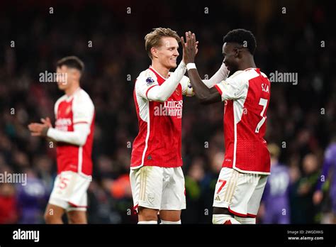 Arsenals Martin Odegaard And Bukayo Saka Right Celebrate After The