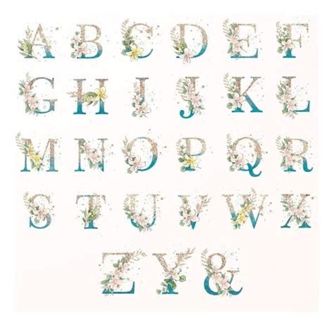 Alfabeto Floral Glitter Letras Png Dourado E Azul Lettering Dmk Studio