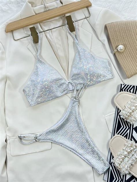 SHEIN Swim SXY Conjunto De Bikini Con Diamantes Sujetador De Cami Con