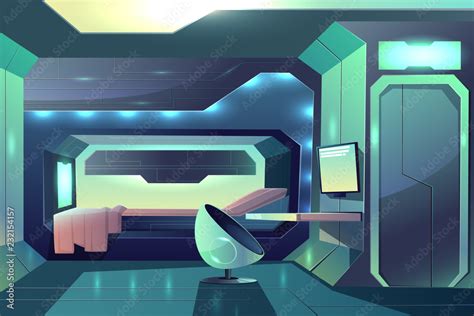 Future spaceship crew member personal cabin minimalistic interior with ...