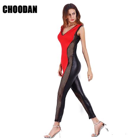 Sexy Hollow Out Fishnet Patchwork Leather Jumpsuit For Women 2018 Hot