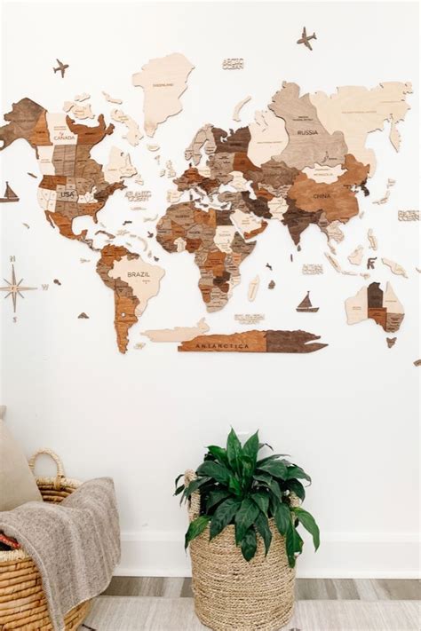 World Map Wood Wall Art Boho Bedroom Wall Decor Wooden Map Etsy