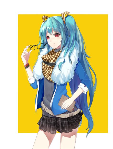 Safebooru Aqua Hair Belt Book Bracelet Checkered Fashion Glasses Hatsune Miku Highres Jacket