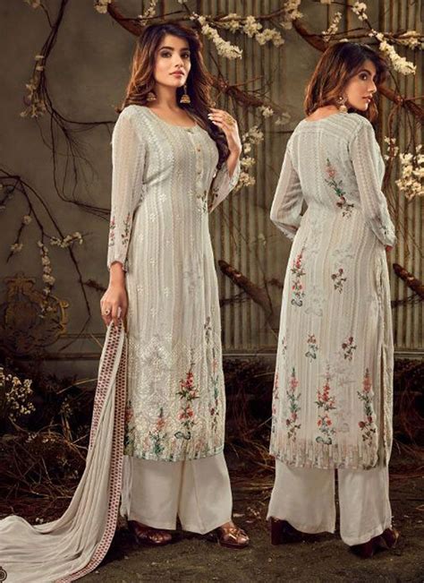 Embroidered Off White Georgette Palazzo Suit In 2020 Palazzo Suit