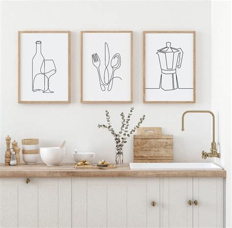 Kitchen Wall Art Set Of 5 Line Drawing Kitchen Prints Etsy