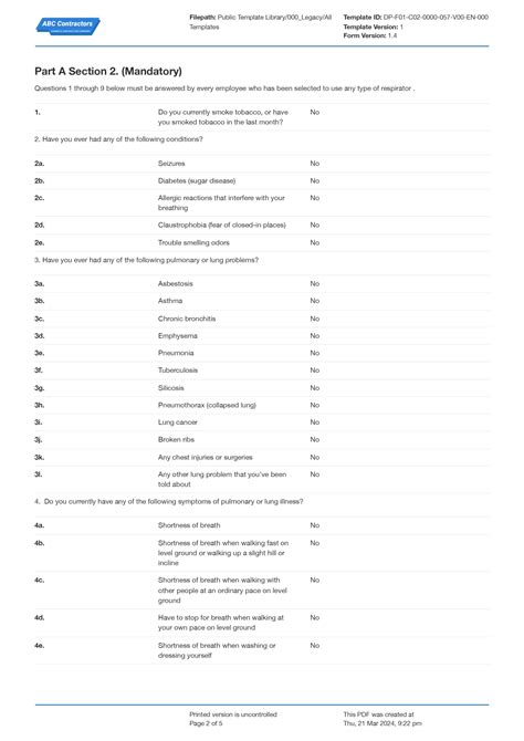 OSHA Respirator Medical Evaluation Questionnaire Form Template