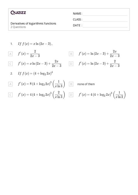 50 Derivatives Of Logarithmic Functions Worksheets For 12th Year